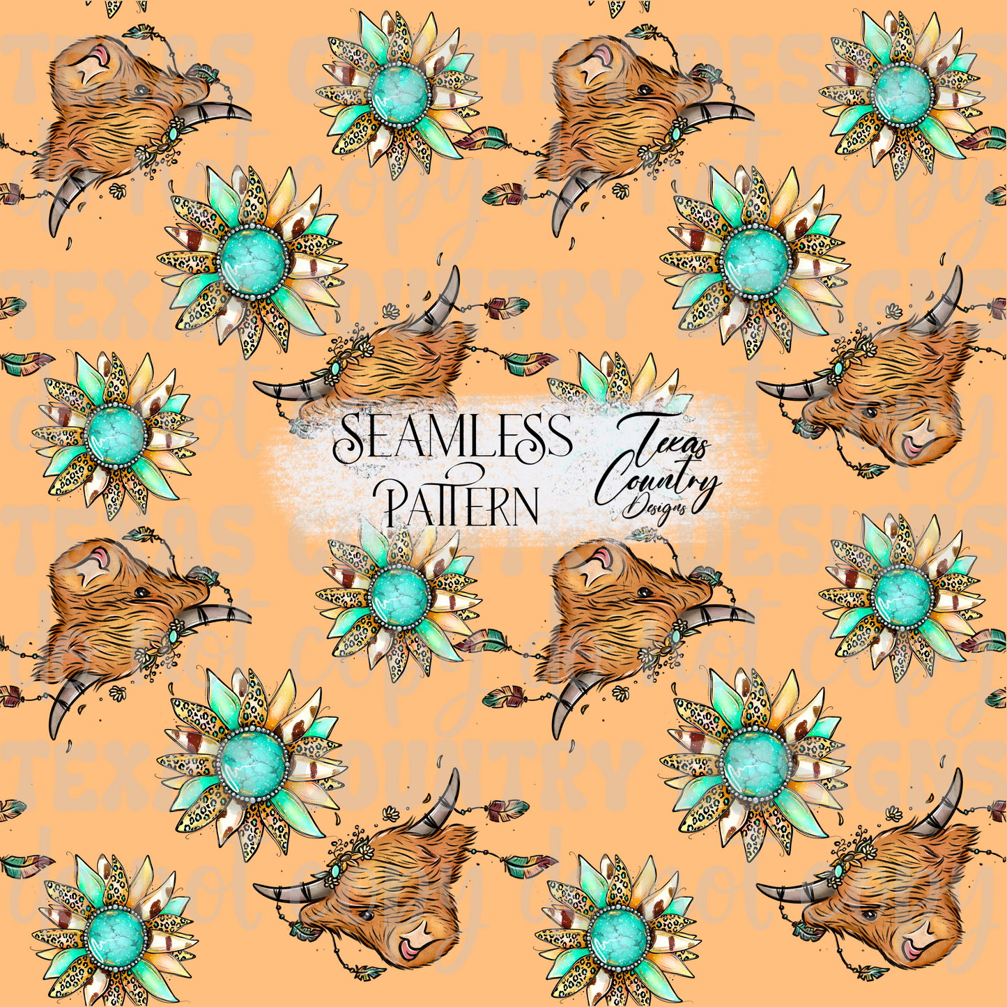 Boho Highland Cow Sunflower Seamless Peach