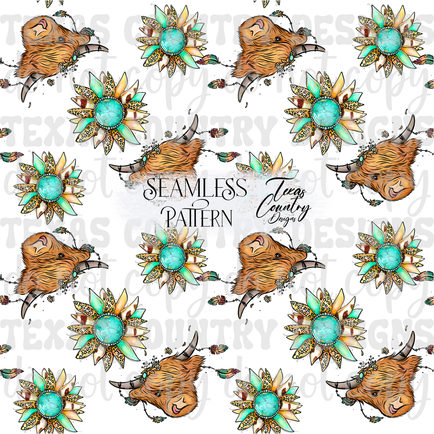 Boho Highland Cow Sunflower Seamless White