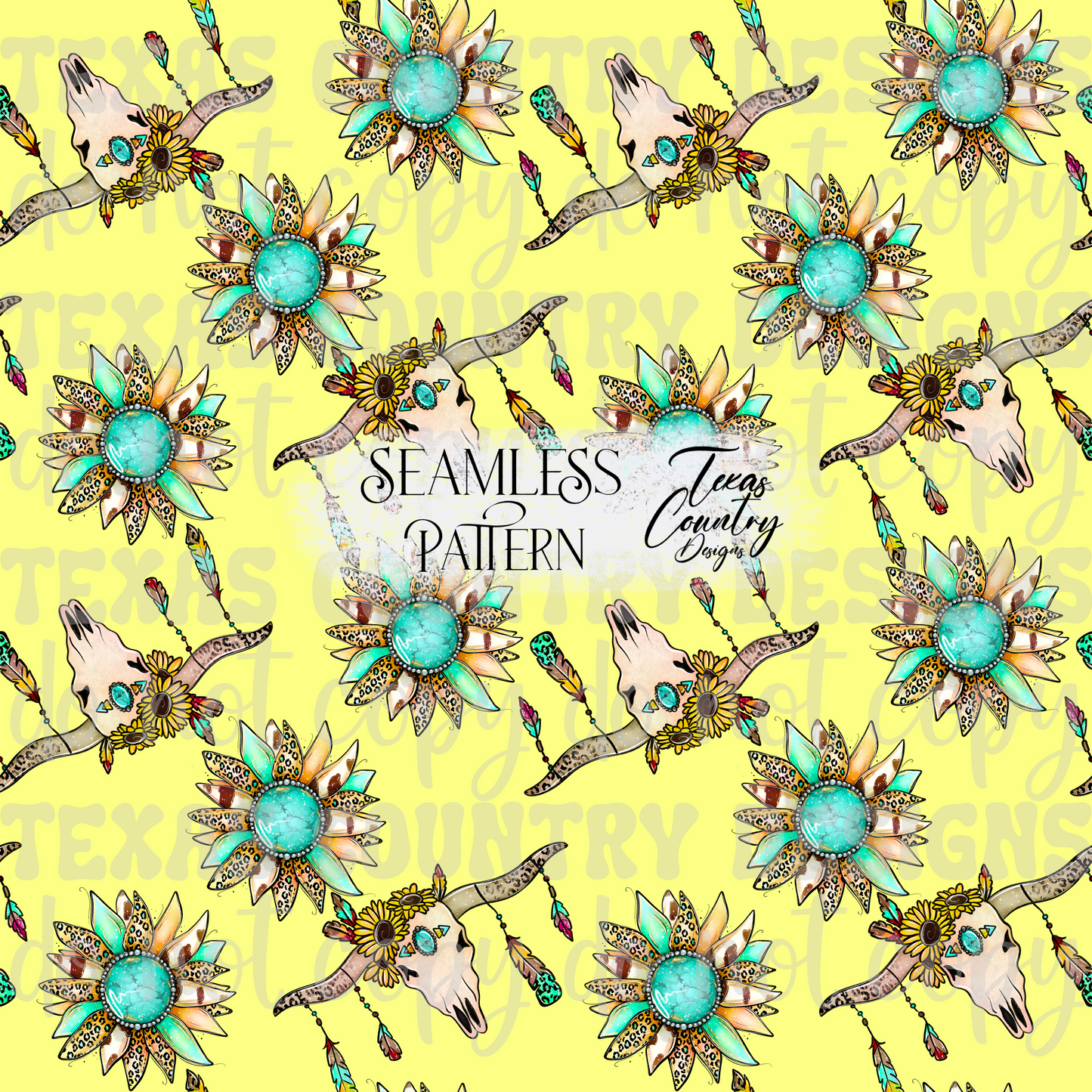 Boho Bull Skull Sunflower Seamless Yellow