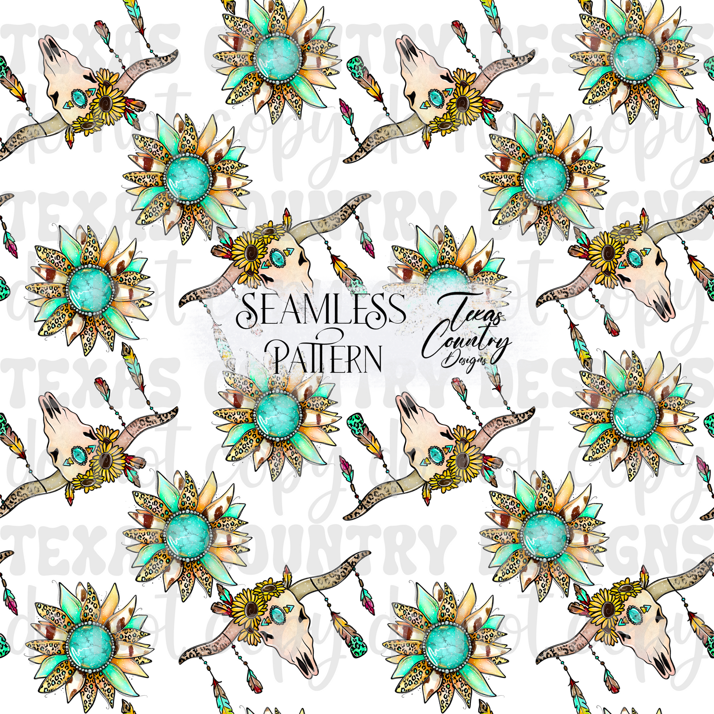 Boho Bull Skull Sunflower Seamless White