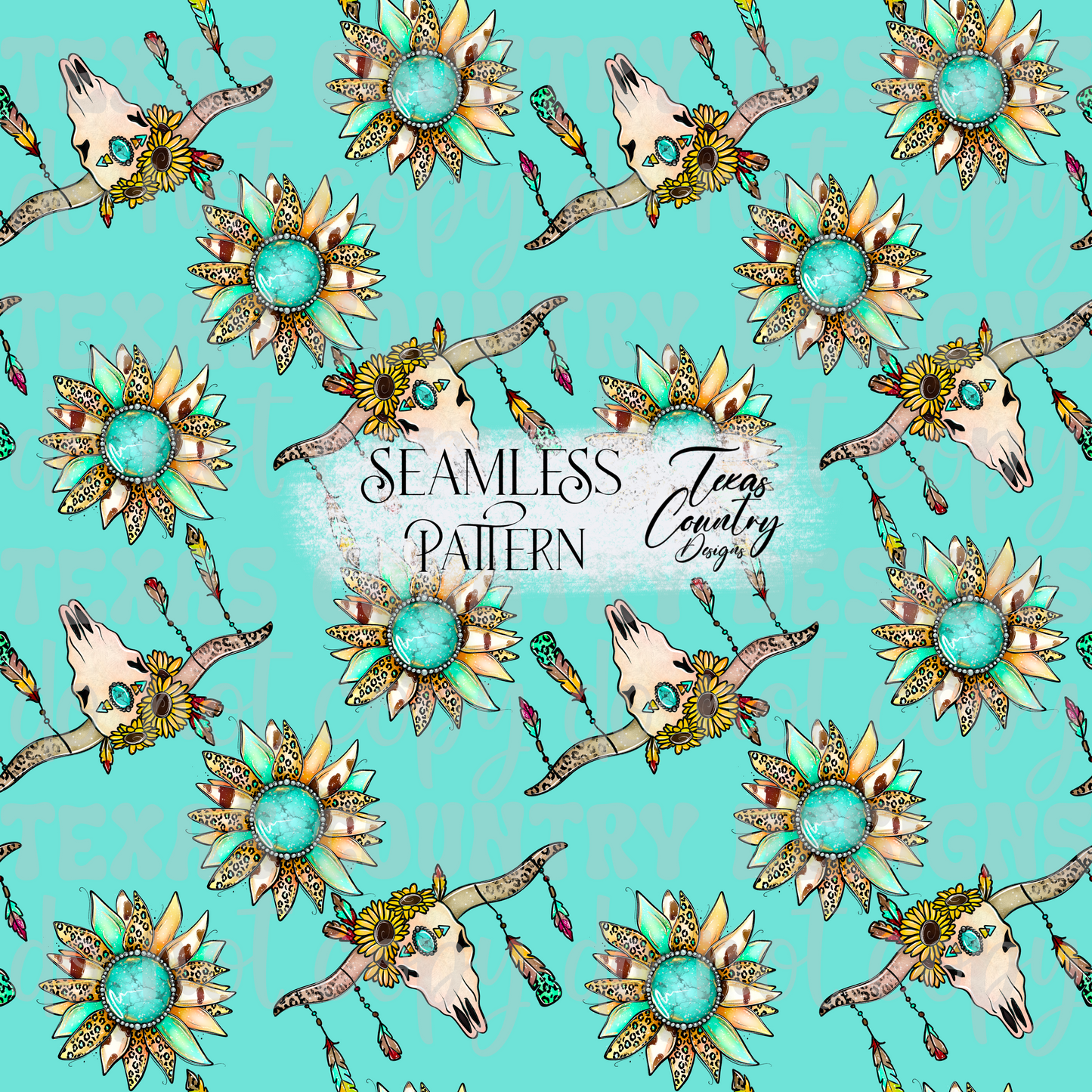 Boho Bull Skull Sunflower Seamless Turquoise