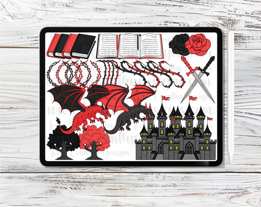 Books & Dragon Red & Black Clipart Set