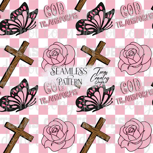 God's Unfailing Love Transforms Us Pink Checkered Seamless