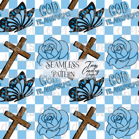 God's Unfailing Love Transforms Us Blue Checkered Seamless
