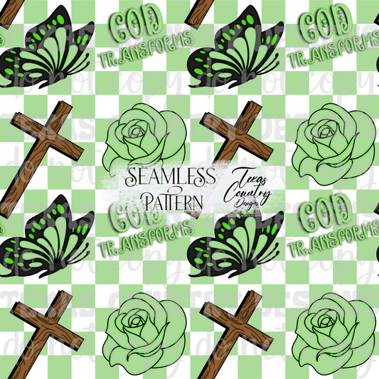 God's Unfailing Love Transforms Us Green Checkered Seamless