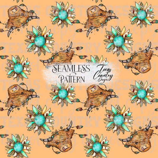 Boho Highland Cow Sunflower Seamless Peach