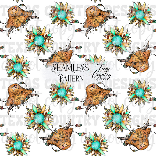 Boho Highland Cow Sunflower Seamless White